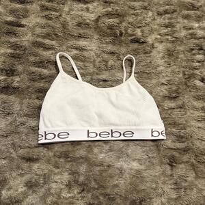 bebe Ribbed Logo Band Sports Bra White Stretch Athleisure Size M Women’s